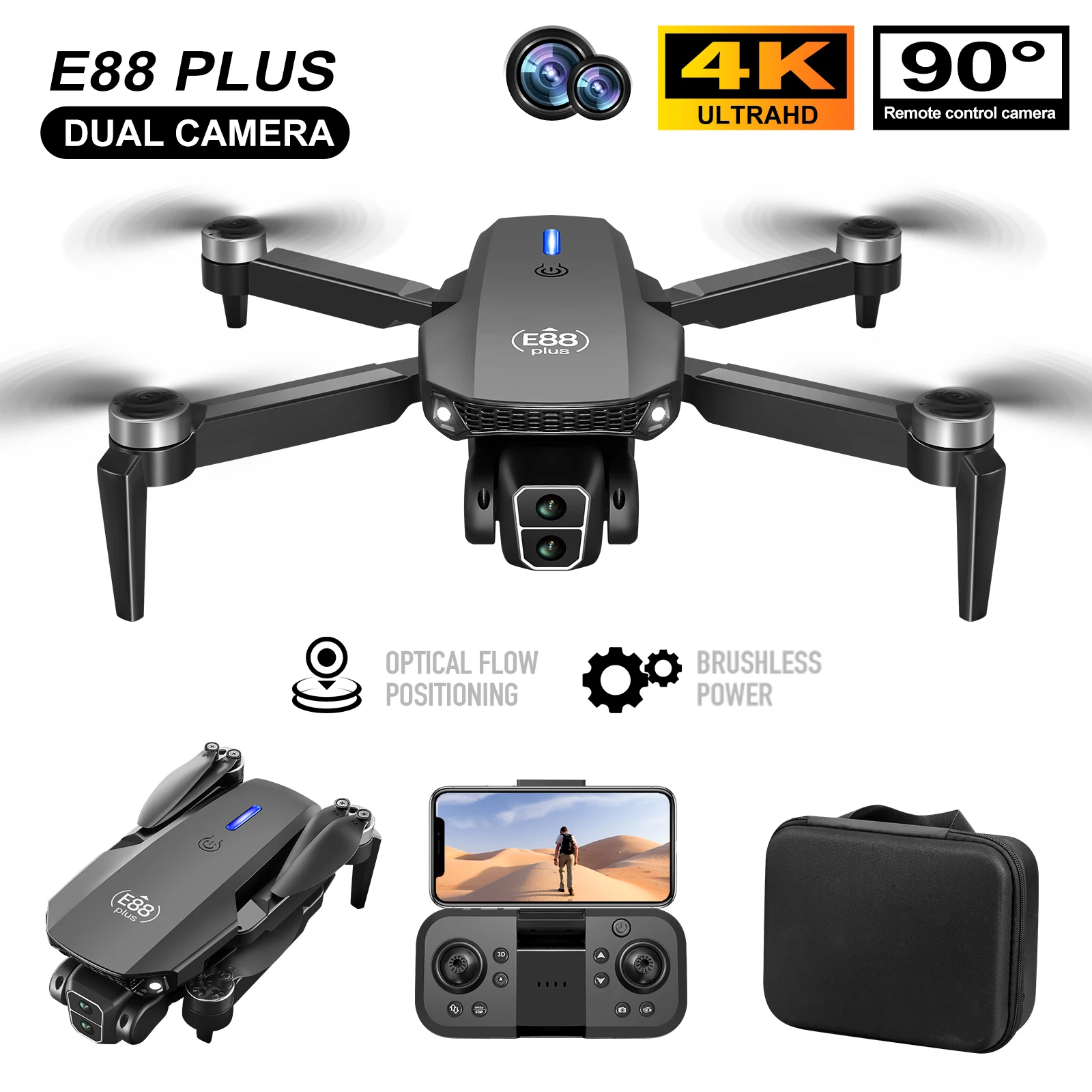 Drone Camera 4K - Neue E88 Plus Quadrocopter-Drohne: 90 °